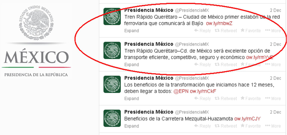 En el Twitter oficial de la Presidencia de la República, se toma en cuenta al Bajío para el tren.