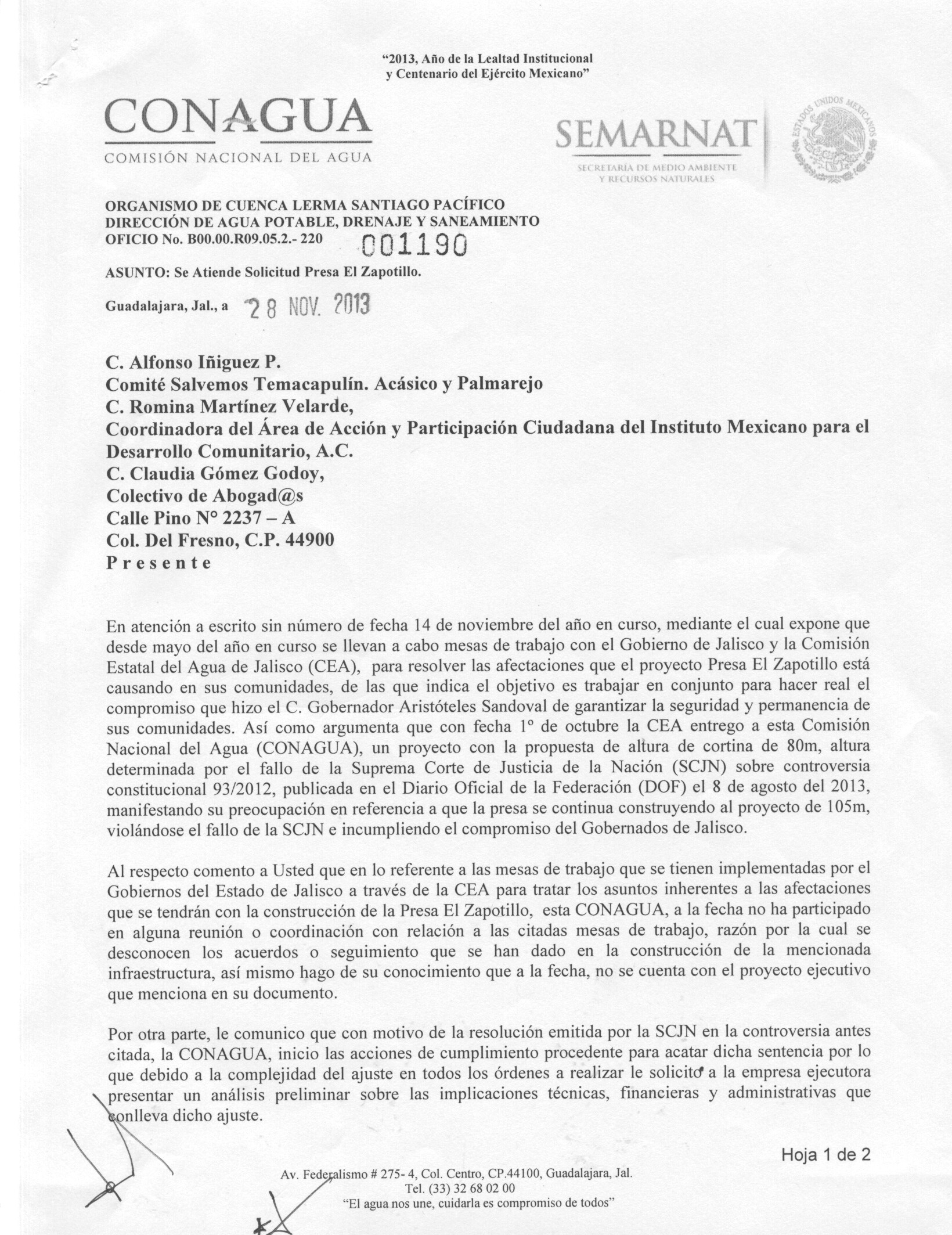 Oficio que brinda CONAGUA Jalisco a los medios referente a la Presa el Zapotillo.