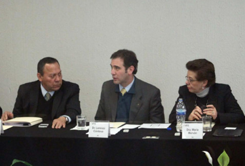 El presidente del IFE Lorenzo Córdova, Jesús Zambrano presidente del PRD y la consejera María Marván.