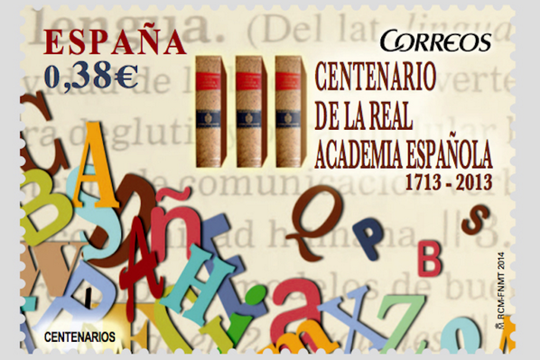 En el sello aparecen tres ejemplares del 'Diccionario de la Real Academia Española', que dan fe del tercer centenario de esta institución 