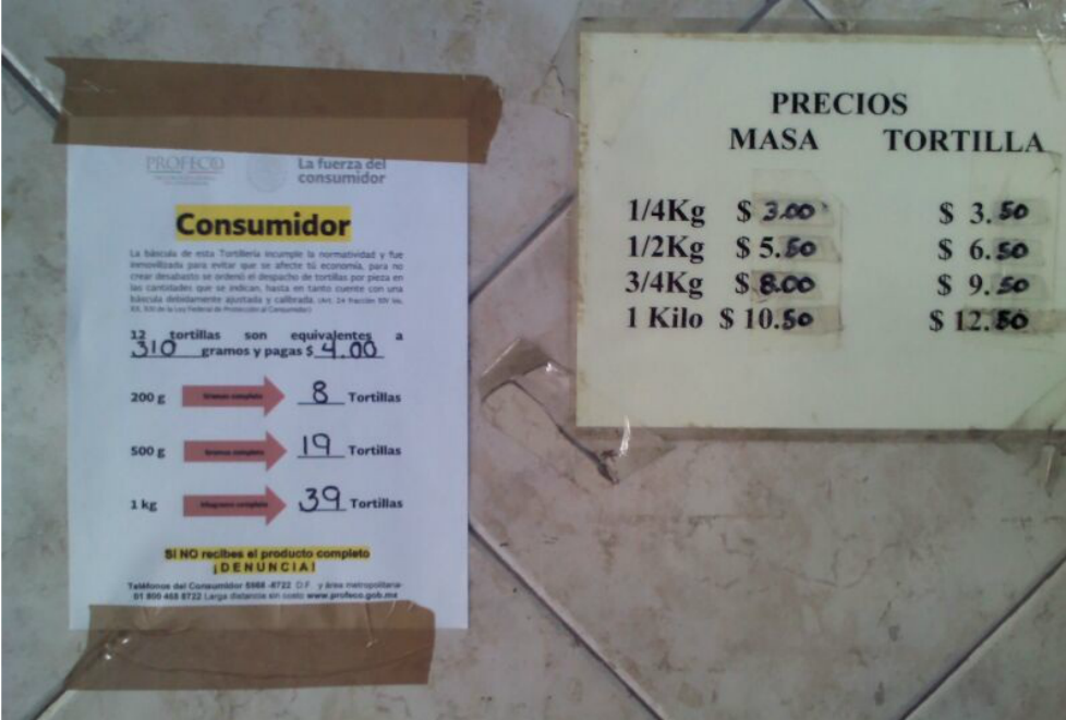 Se realizó la colocación de carteles en donde se exhibe el número de tortillas a dar por cada kilogramo.