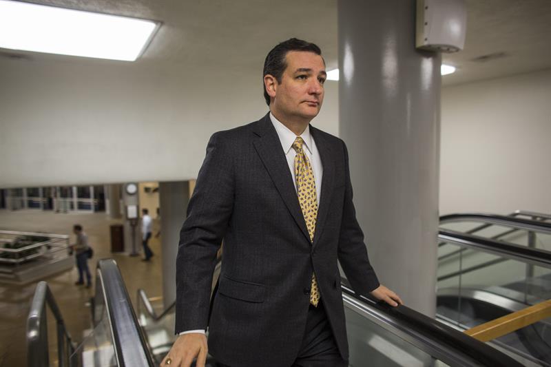 El senador Ted Cruz se dirige hacia el Senado para votar sobre la prórroga del techo de deuda del país, hoy en Washington 