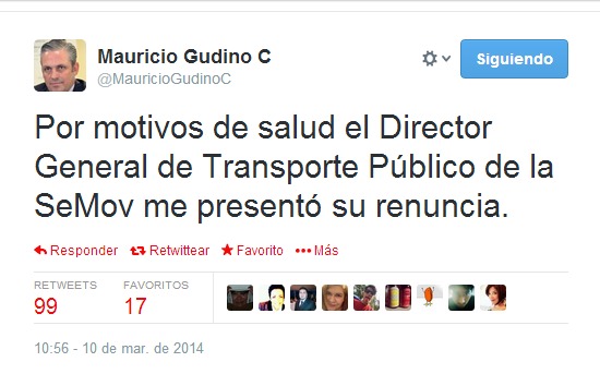 Cuenta de Twitter del secretario de Movilidad Mauricio Gudiño Coronado.