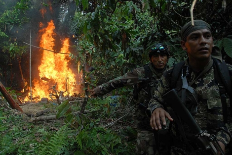 Fuerzas de élite peruanas incendian un laboratorio de cocaína en la selva del país andino