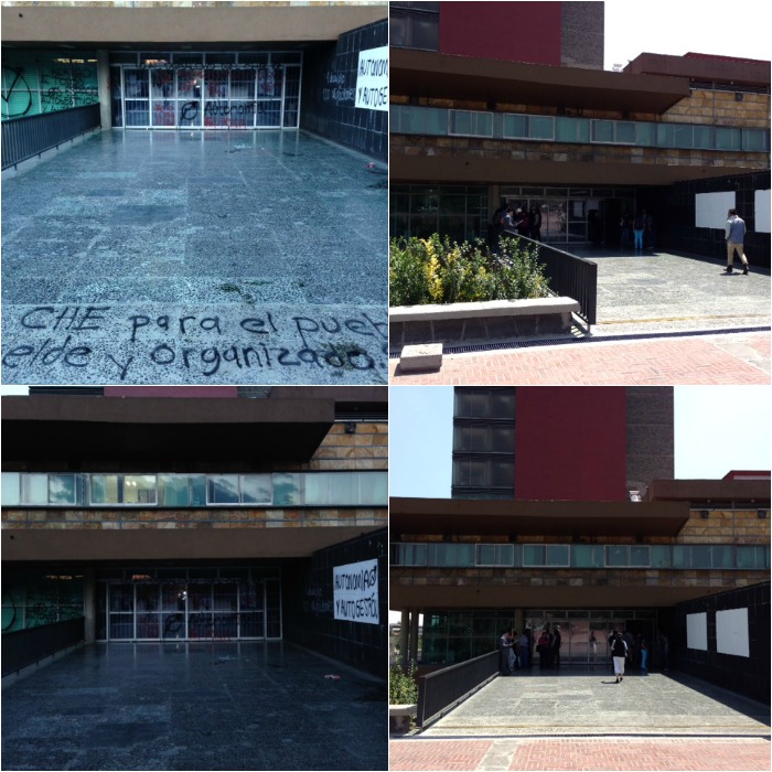 La entrada principal tenía pintas que fueron borradas durante la noche