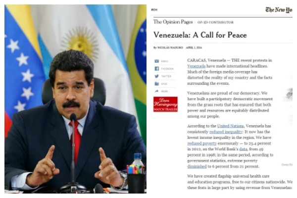Nicolás Maduro publicó un texto en el New York Times que tituló "Venezuela: A Call for Peace (Venezuela: Un llamado a la paz)"