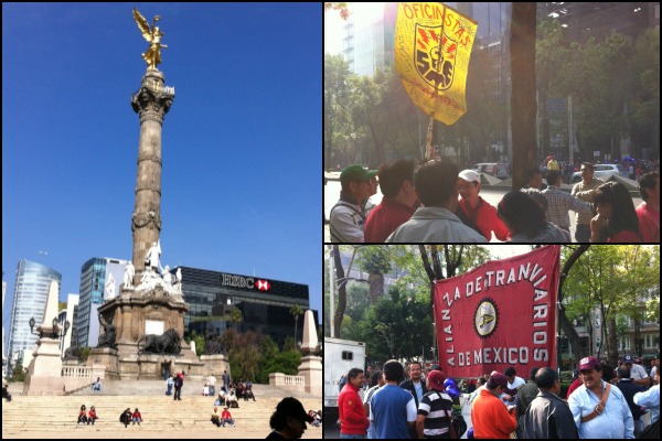 Miembros del SME y de la Alianza de Tranviarios se reúnen en el monumento para marchar al Zócalo en conmemoración del Día del Trabajo.