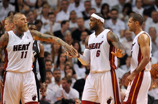  LeBron James, Chris Andersen y  Shane Battier, jugadores de Miami 