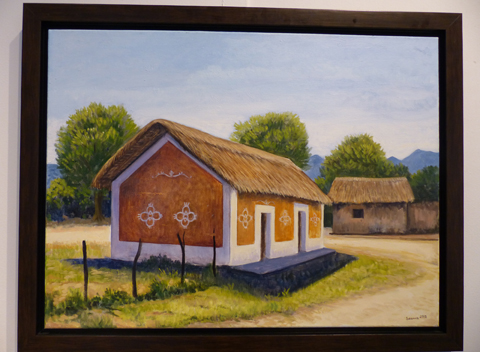 En sus pinturas aparecen tejabanes, jacales, casas de adobe y de sillar. 