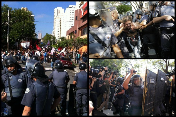 La policía lanzó gases lacrimógenos, balas de goma y bombas de estruendo para dispersar la protesta de un grupo de manifestantes en contra del Mundial