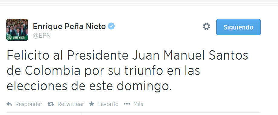 Peña Nieto felicitó al presidente electo Juan Manuel Santos a través de Twitter.