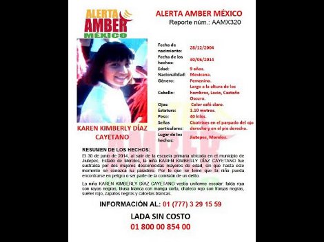 Karen Kimberly Díaz Cayetano, de nueve años de edad, fue sustraída de la escuela primaria, ubicada en la colonia Huauchiles, del municipio de Jiutepec