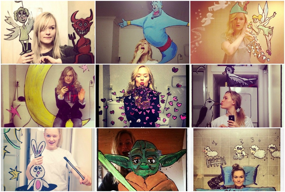 Helene Meldahl se toma 'selfies' con dibujos que realiza en espejos.