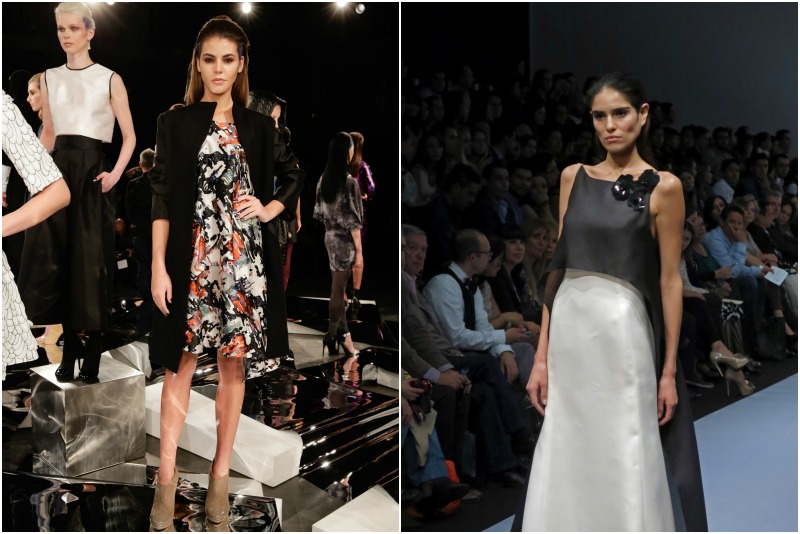 Un vestido del diseñador de origen mexicano Cesar Galindo (derecha) y un vestido de noche del diseñador venezolano Ángel Sánchez (izquierda).