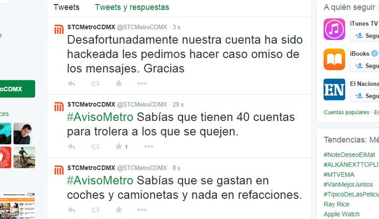 Algunos de los tuits enviados por un 'hacker' desde la cuenta de Twitter del STC Metro.