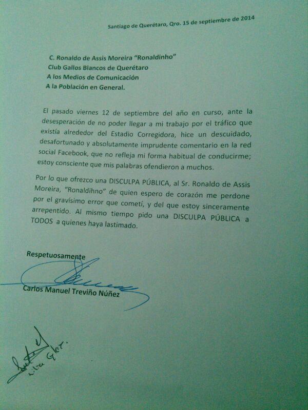 Esta es la carta el político envió al club Querétaro 