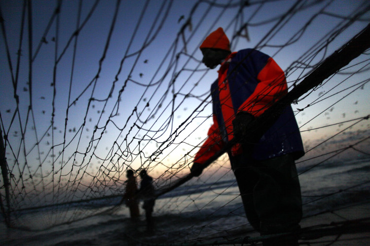 Pescadores tiran de sus redes en la costa de Caparica, cerca de Lisboa.