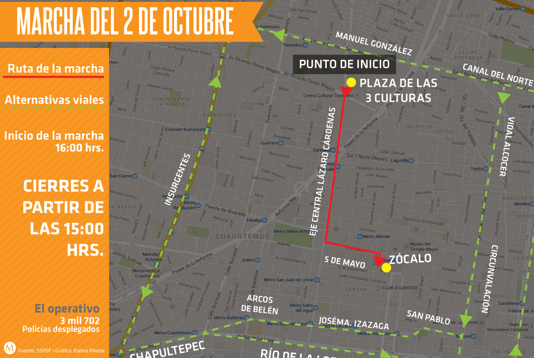 Ruta y alternativas viales por la marcha del 2 de octubre.