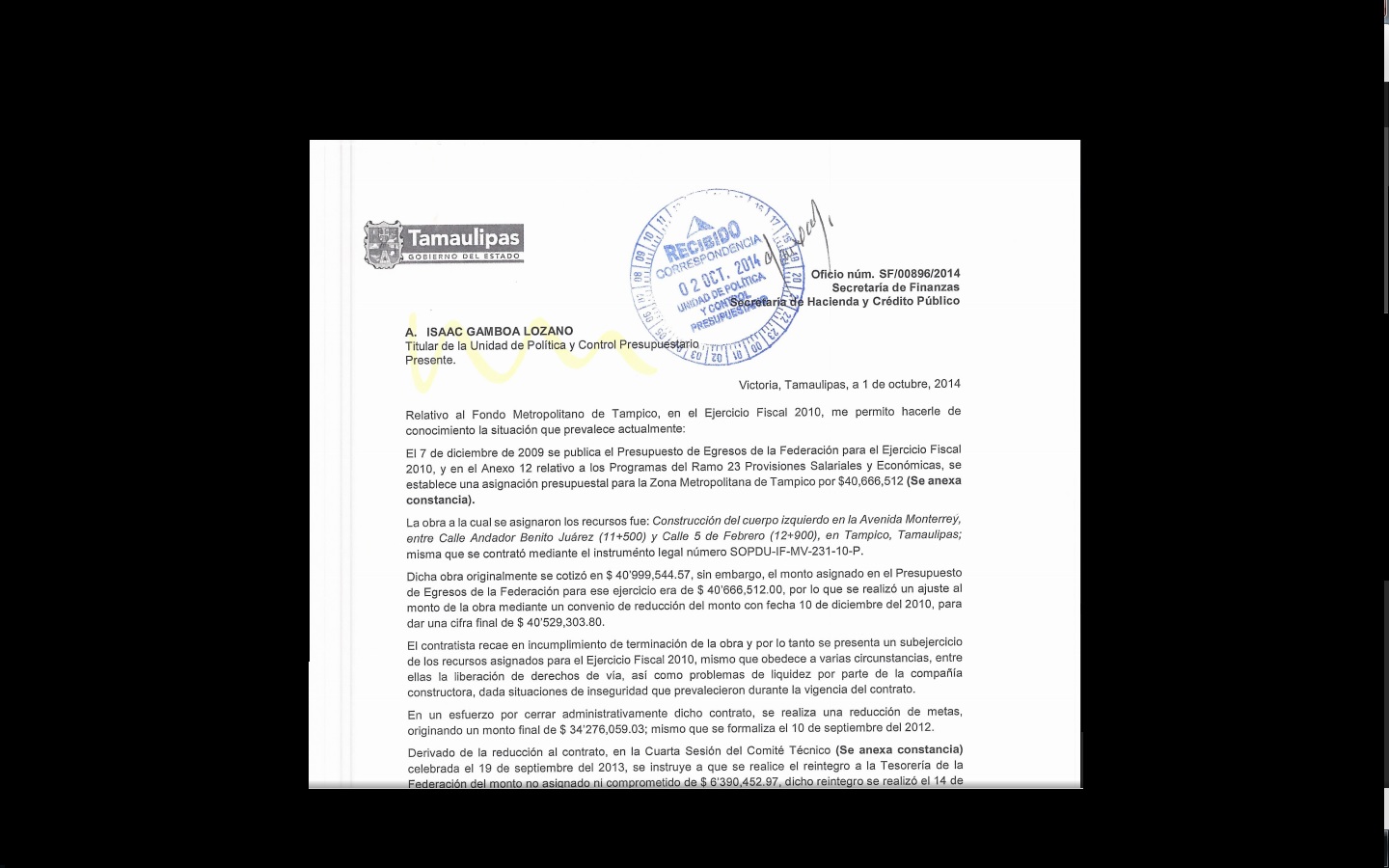 Documento presentado ante la SHCP para solicitar la reactivación del Fondo Metropolitano