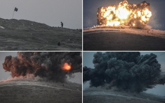 En esta combinación de cuatro imágenes puede verse a militares del EI antes y después de la explosión de una bomba en la frontera sirio-turca