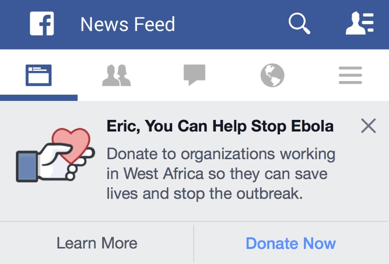 La opción en la página de Facebook para que los usuarios puedan donar dinero a la lucha contra el ébola.