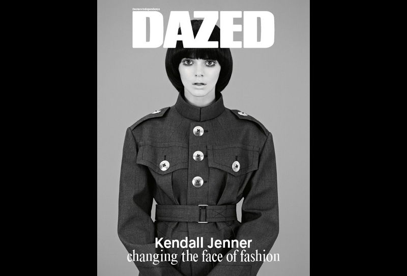 Kendall Jenner vestida con una chamarra militar de Marc Jacobs en la portada de Dazed.