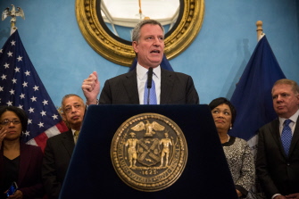 El alcalde de Nueva York, Bill de Blasio, en la rueda de prensa tras la cumbre de alcaldes en la ciudad                                   