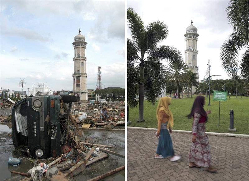 Un coche desplazado por el tsunami el 26 de diciembre de 2004 (i), en Banda Aceh, Indonesia, y la misma zona tal como se encuentra hoy