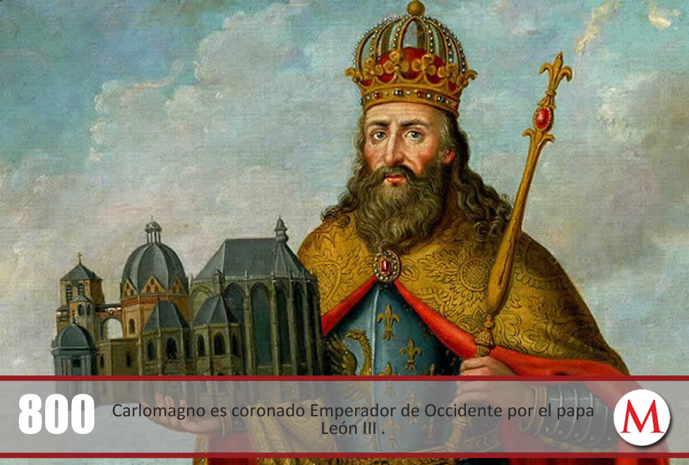 Carlomagno es coronado Emperador de Occidente por el papa León III .