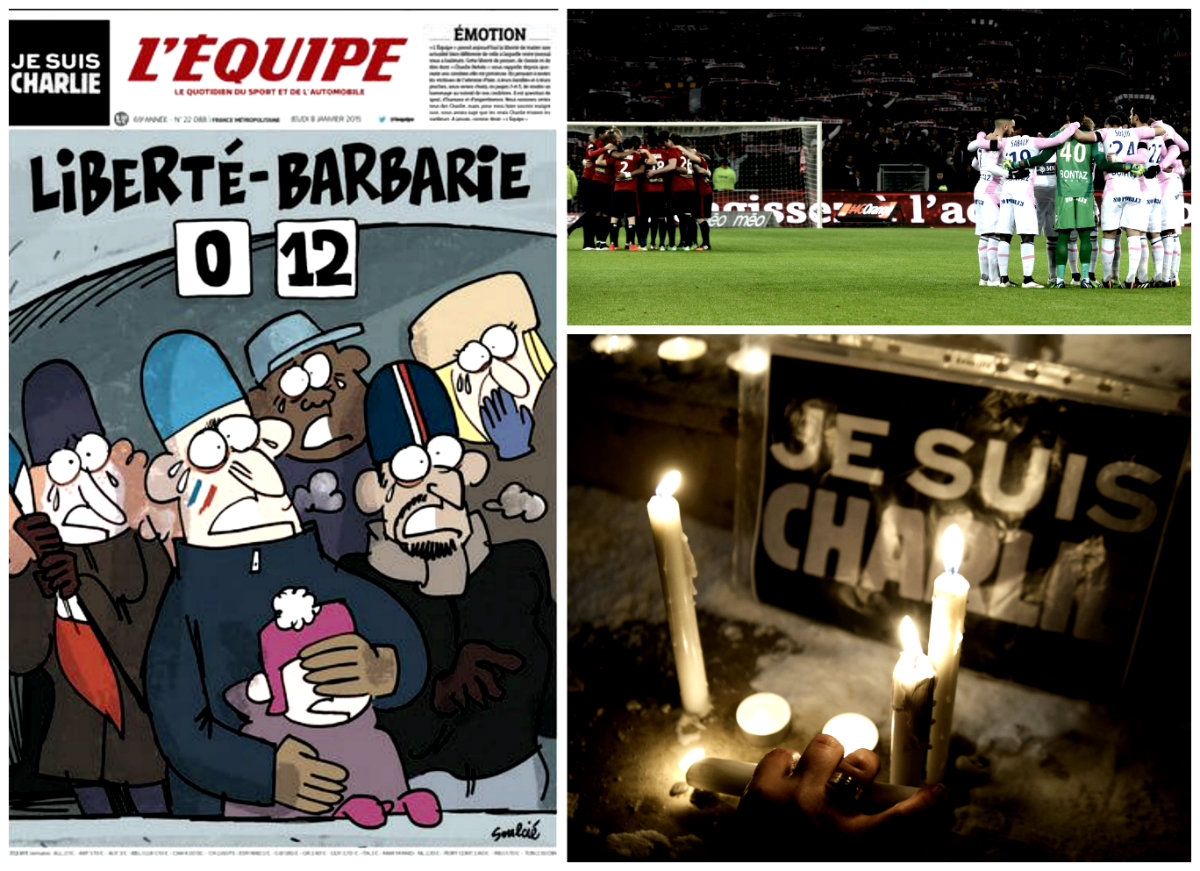 Portada del diario deportivo francés L'ÉQUIPE / Lille y Evian, de la Ligue , guardaron un minuto de silencio / "Je suis Charlie" (Yo soy Charlie)
