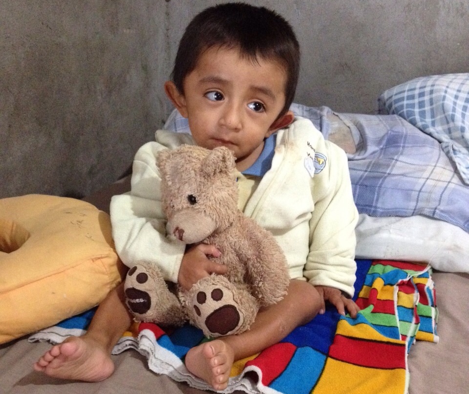 Su único juguete es un osito de peluche.