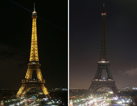 La Torre Eiffel apagó sus luces esta noche como parte de los homenajes a las víctimas de la revista Charlie Hebdo.