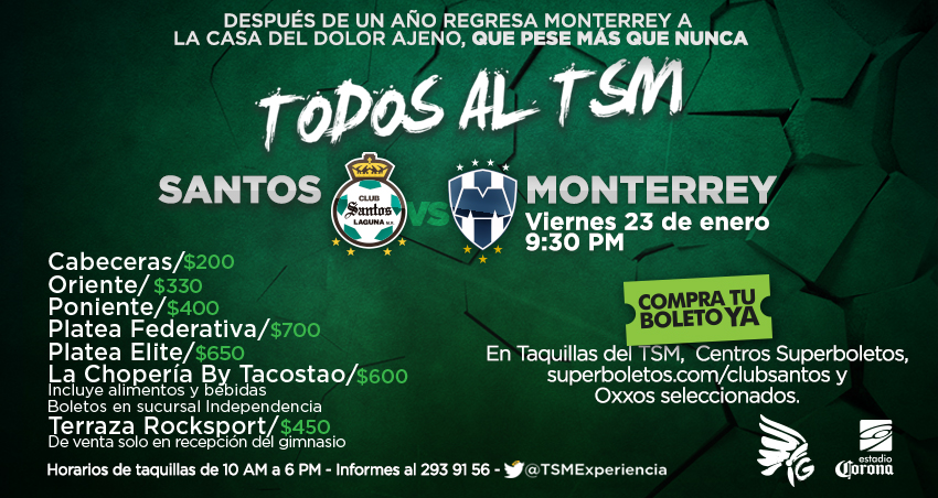Comienza la venta de boletos para el partido Santos vs Monterrey de la jornada 3 del Torneo Clausura 2015.