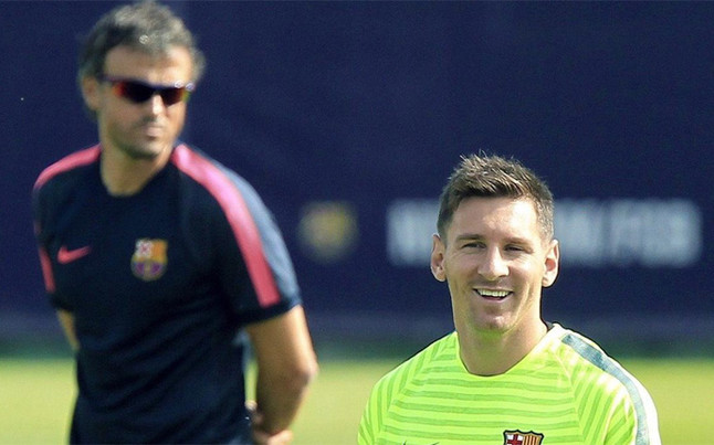 Messi y Luis Enrique durante un entrenamiento del Barcelona 