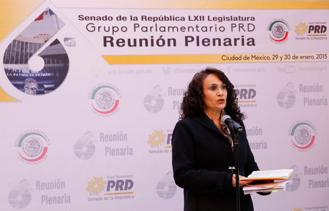La senadora del PRD, Dolores Padierna, ofreció una conferencia de prensa sobre el recorte al gasto público, en el marco de la reunión plenaria de su b