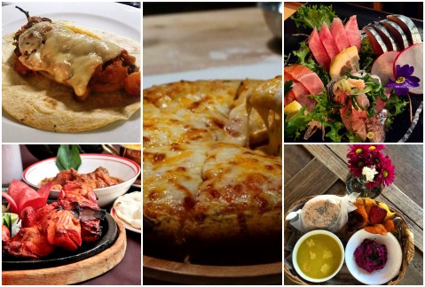 Taco de camarón de Bellopuerto, Platillos de Tandoor, Pizza del Perro Negro, Menú de Rokai y de Pan Comido