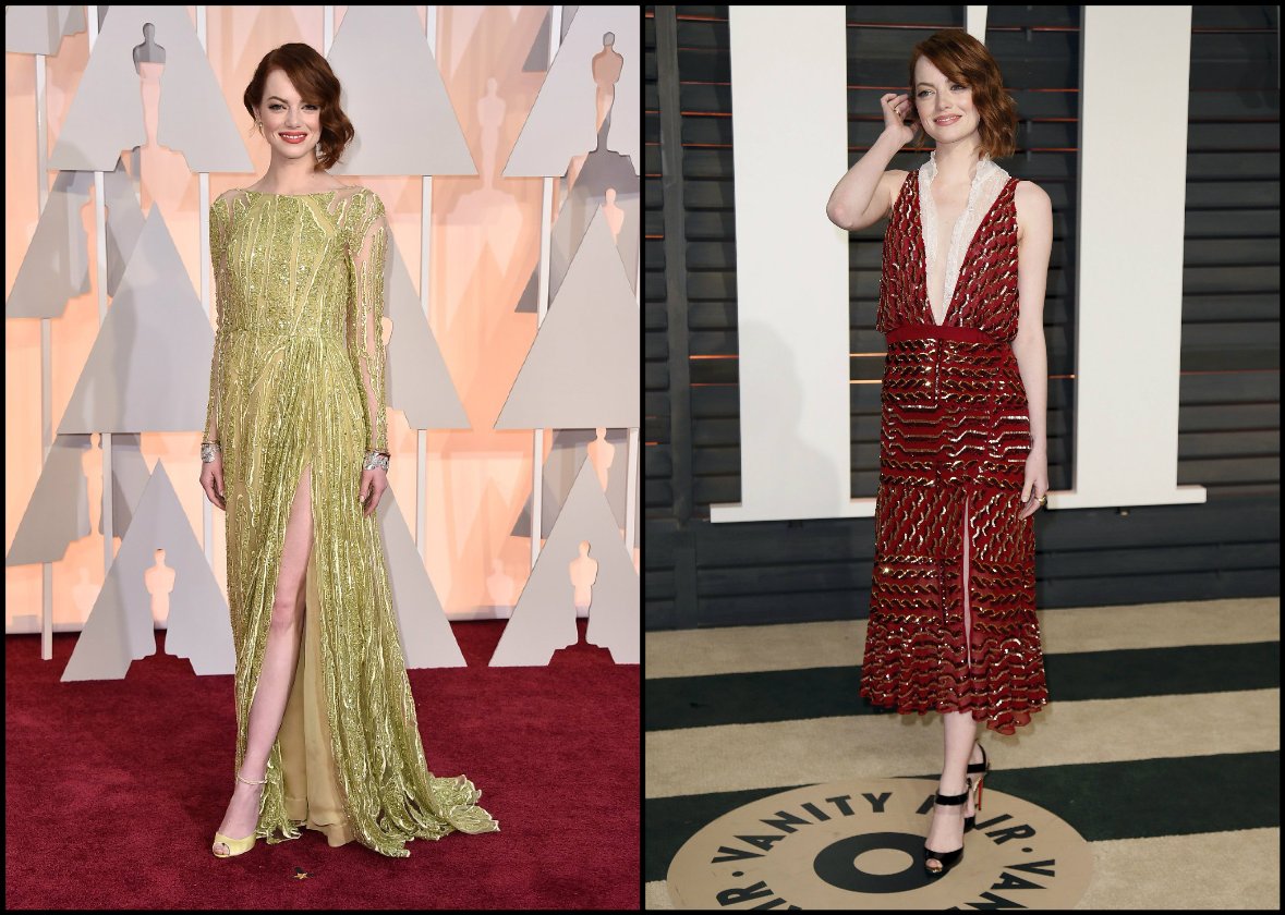 Emma Stone en Elie Saab, durante los Oscar, y en Altuzarra, en la 'after party' de Vanity Fair. 