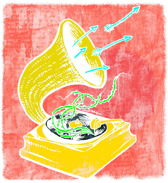 musica, discos, dibujo, notas musicales, instrumentos