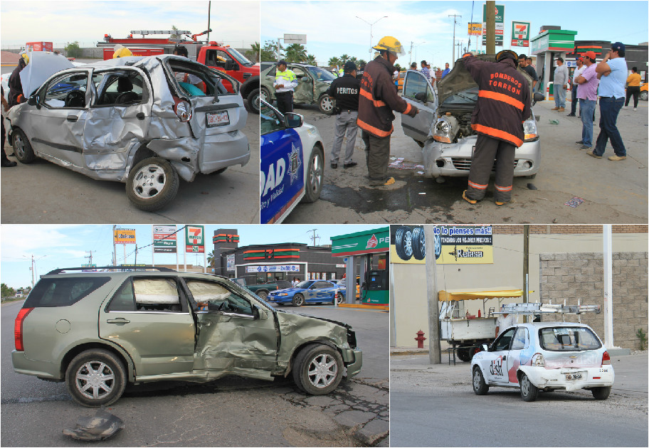 Bomberos de Torreón llegaron a brindar auxilio, pues el Cadillac y el Matiz resultaron muy dañados en su estructura.