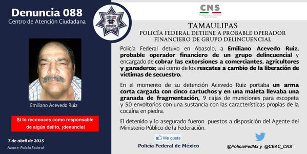 Emiliano Acevedo Ruiz se encargaba de recibir los pagos producto de las extorsiones.