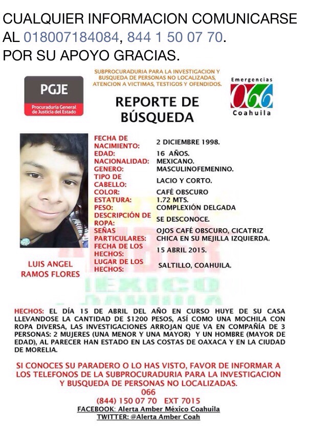 Alerta Amber para localizar a Luis Ángel Ramos Flores de 16 años.