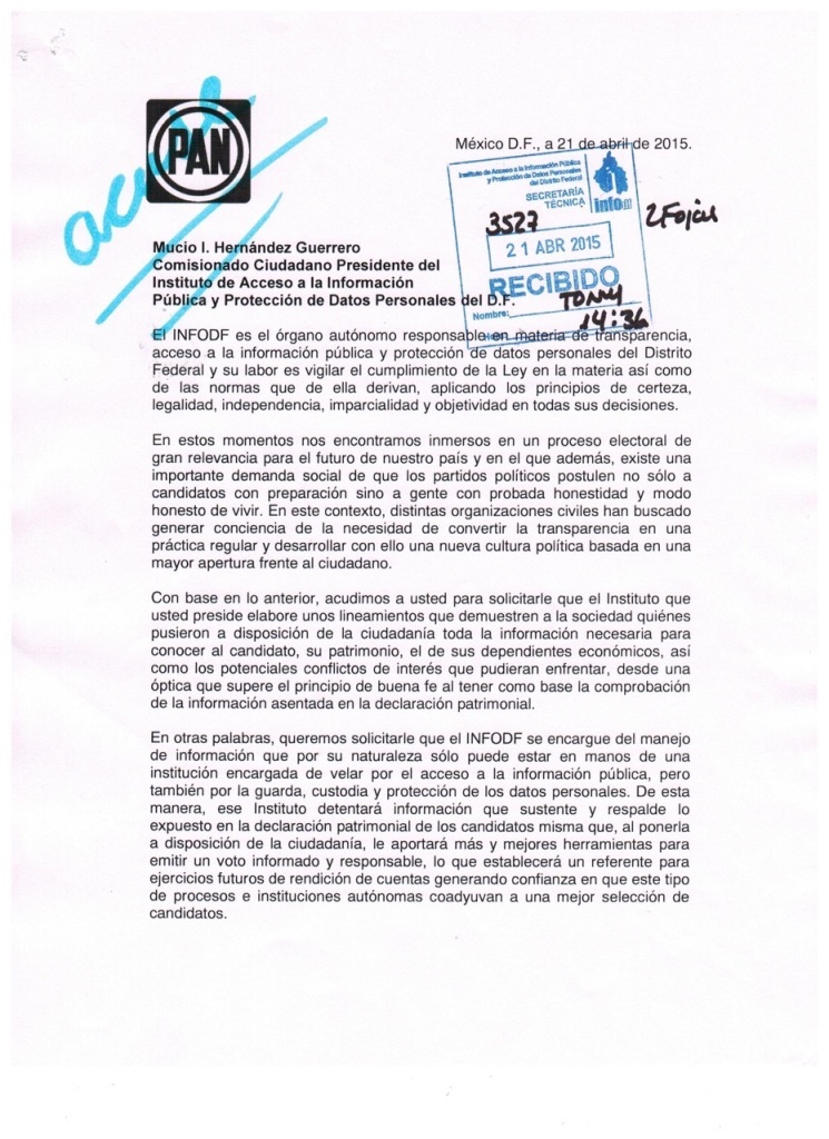 Döring envió una carta enviada a Mucio Hernández, comisionado presidente del Info-DF, donde dijo que hará públicos los estados que guardan sus ingreso