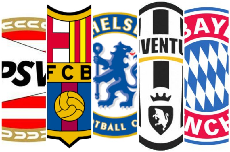 De izquierda a derecha, los escudos de: PSV, Barcelona, Chelsea, Juventus, y Bayern Múnich  