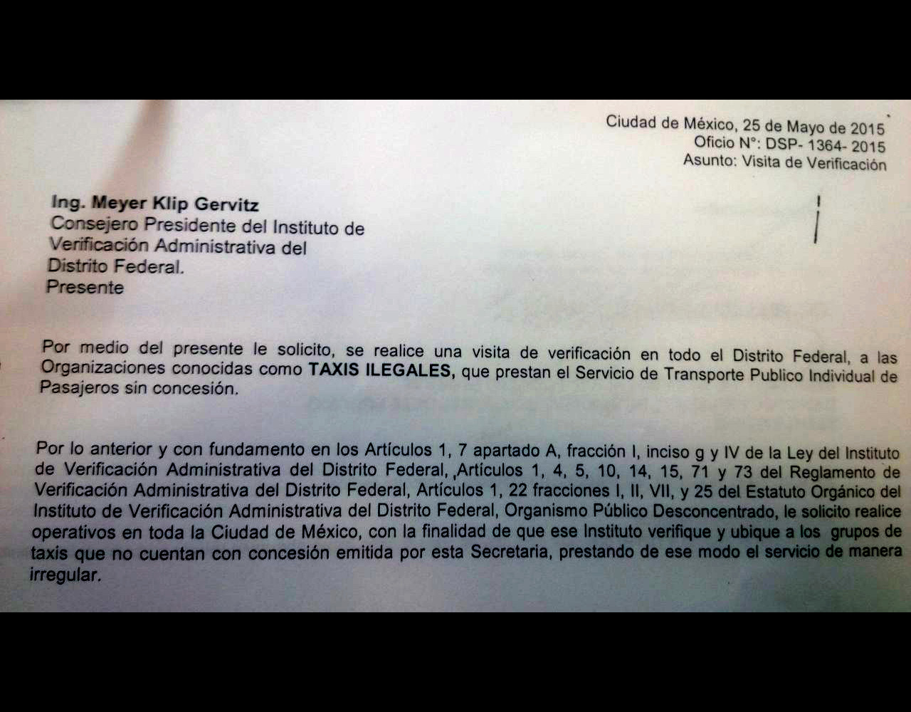 Oficio para verificación de taxis ilegales en el DF.