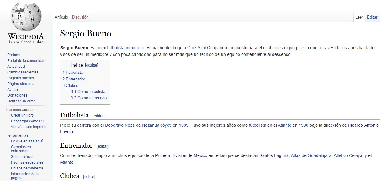Fragmento de Wikipedia donde cuestionan la llegada de Sergio Bueno al Cruz Azul