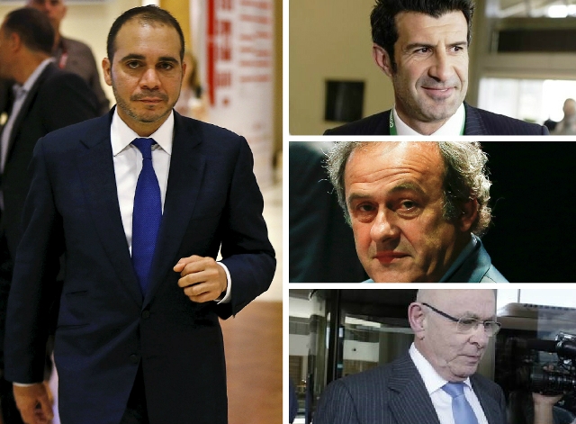 Los candidatos que pueden suceder a Joseph Blatter: Ali Bin Al Hussein (izquierda), Luis Figo (esquinza superior derecha), Michel Platini (esquina inf