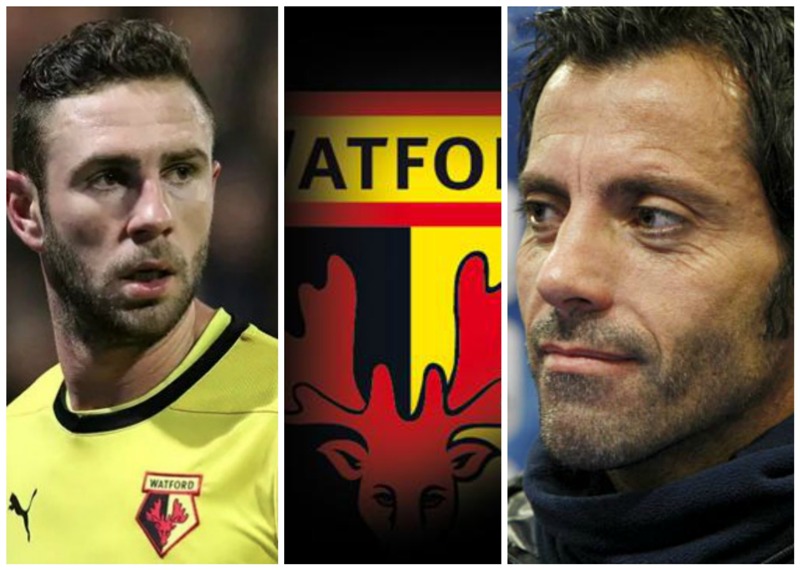 Defensa mexicano Miguel Layún (izq.) escudo del Watford (centro), y Quique Sánchez, nuevo entrenador del club ingles (der.)