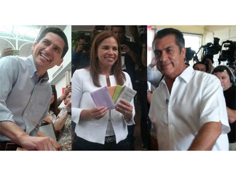 Felipe Cantú, candidato del PAN; Ivonne Álvarez, de la Alianza por tu Seguridad; y el independiente Jaime Rodríguez 'El Bronco',  