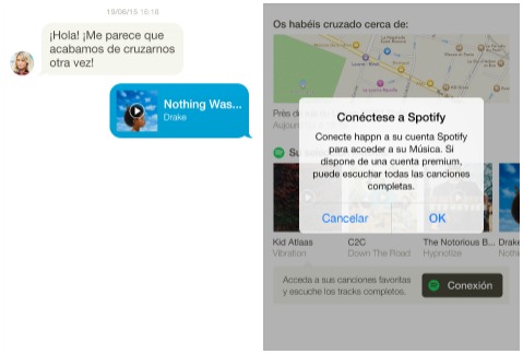 Ahora podrás enviar canciones de Spotify a través de Happn. 