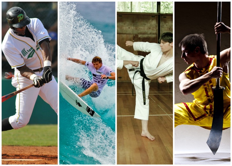 De izquierda a derecha: Beisbol, Surf, Karate, y Wushu 